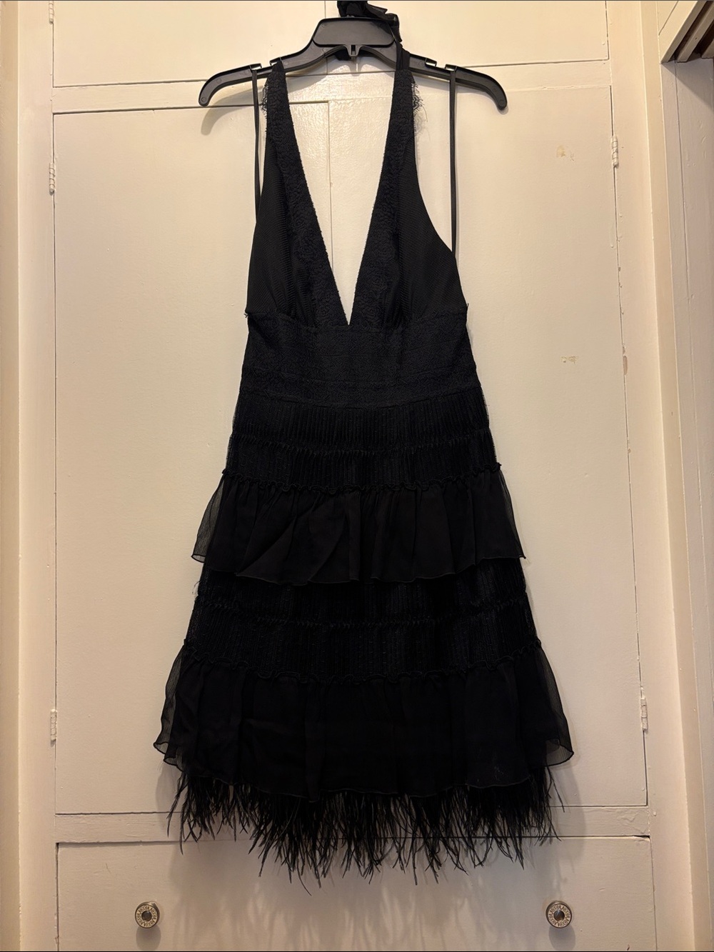 BCBGMaxAzria Black Strapless Plunge Ruffle Dress with Feather Hem